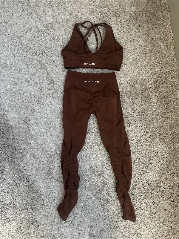 Alphalete Brown Seamless Crisscross Sports Bra & Leggings Set - Image 2