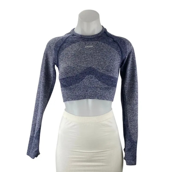 Gymshark Flex Sport Navy Marled Blue Long Sleeve Yoga Athletic Crop Top Size S - Image 2
