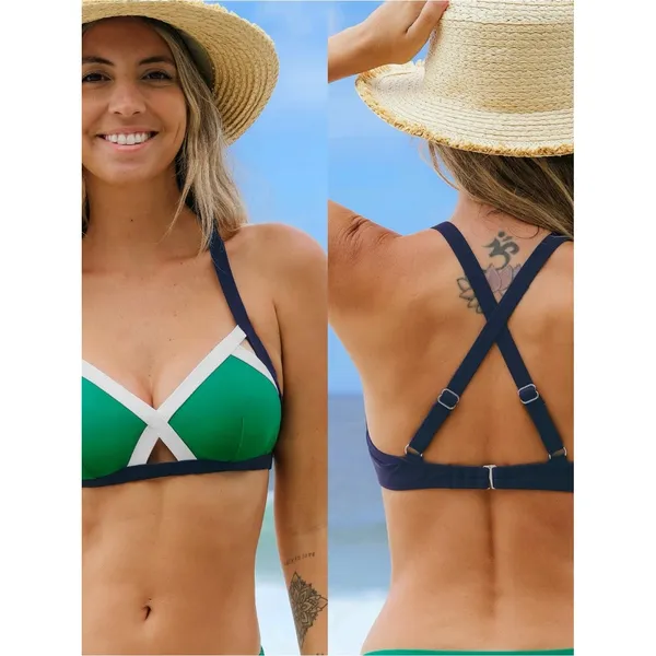 CUPSHE Kelly Green Navy Colorblock Keyhole Cross-Back‎ Bikini Swim Top Large NEW - Image 2