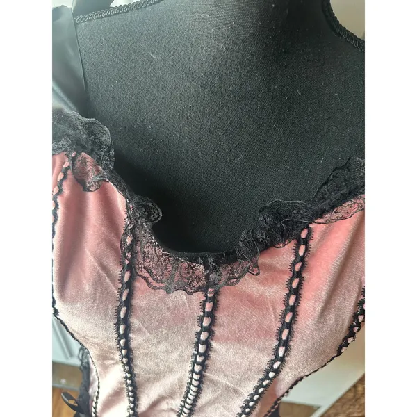 Goth Velvet Pink Black Lace Frill Cami XL Corset Style Sweetheart Top Chic - Image 3