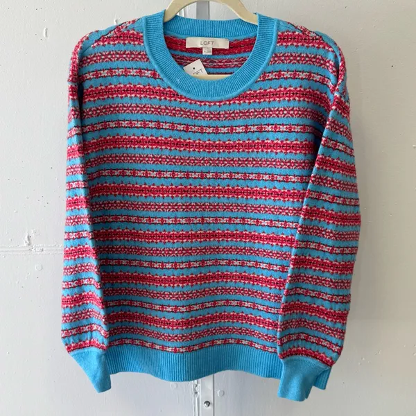 NWT Loft‎ Women’s Crewneck Vibrant Knit Sweater Blue Red XS - Image 2