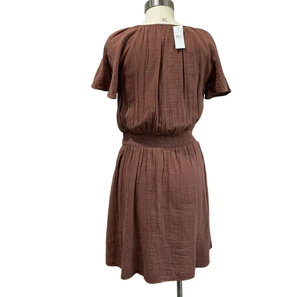 Loft Brown Gauze Cotton Dress Smocked Waist V‎ Neck Casual NWT Size S - Image 3