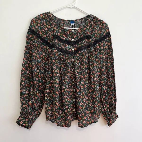 OLD NAVY Long Sleeve Lace Trimmed Floral Print Blouse Brown Button Cottagecore - Image 2