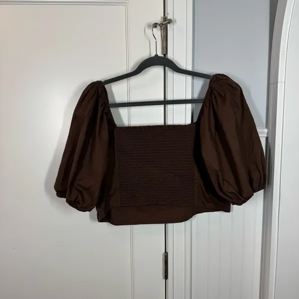 Abercrombie &‎ Fitch cotton Puff Sleeve Smocked Back Crop Top Brown Size XL - Image 6