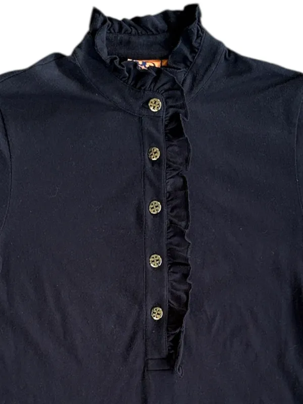 Tory Burch Pima Cotton Ruffle Logo Button Top Black Size Small - Image 2