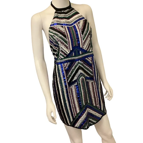 NBD x Naven Twins Womens Small Sequin Beaded Halter‎ Open Back Mini Dress Black - Image 6