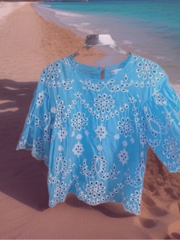 Sky Blue Eyelet Top Scalloped Bell Sleeves Studio JPP Womens Medium - Image 9