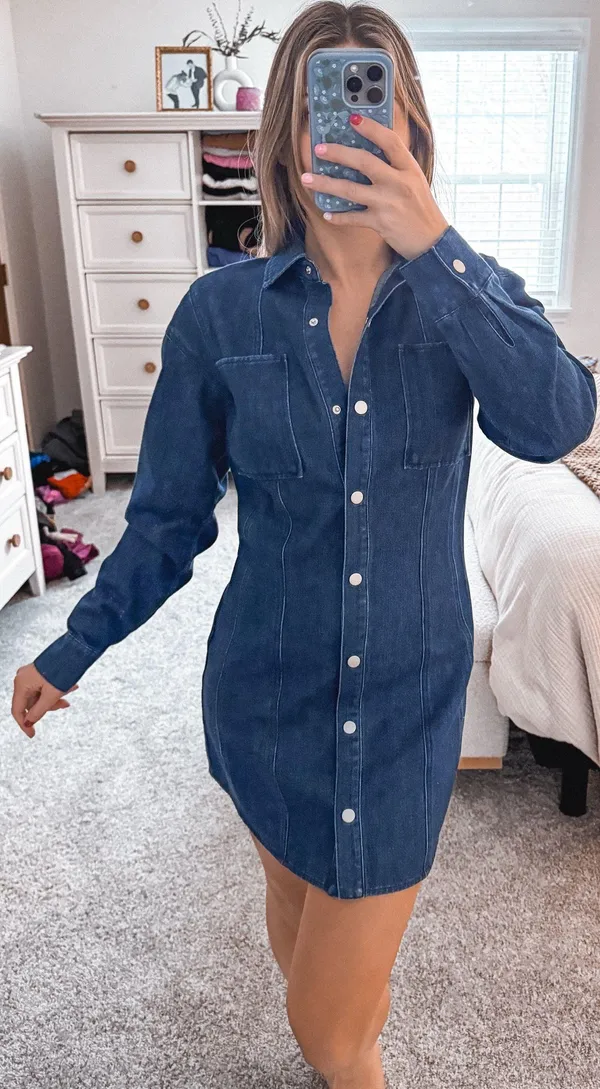 Denim longsleeve button up mini dress - Image 3