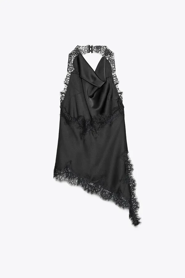 Zara elegant Black Satin Lace-Trim Halter Top - Image 13