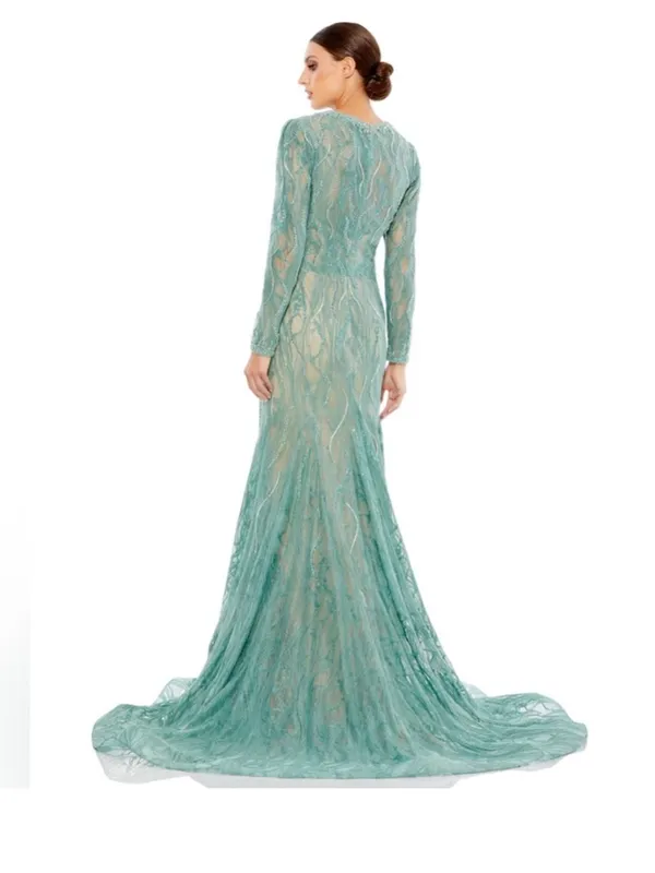 Mac Duggal 79291 Beaded Illusion Long Sleeve Plunge Neck Gown NWT 10‎ Sage - Image 3