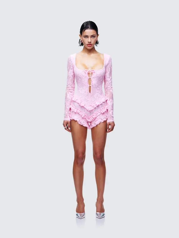 Women's Pink Lace Long-Sleeve Romper - Elegant Sleepwear - Image 5
