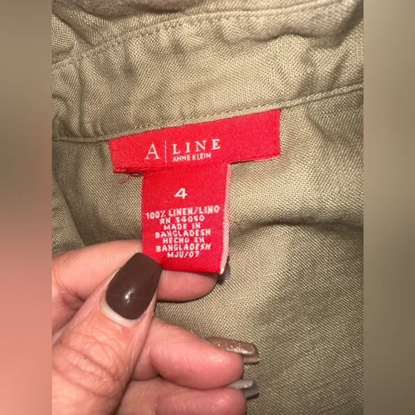 Anne Klein A-Line 100% Linen Safari Shirt Dress Khaki Green Utility Midi Size 4 - Image 11