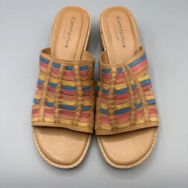Comfortiva Woven Leather Mules Size 8.5 Huarache Slip on Shoes Heels Butter Mom - Image 2
