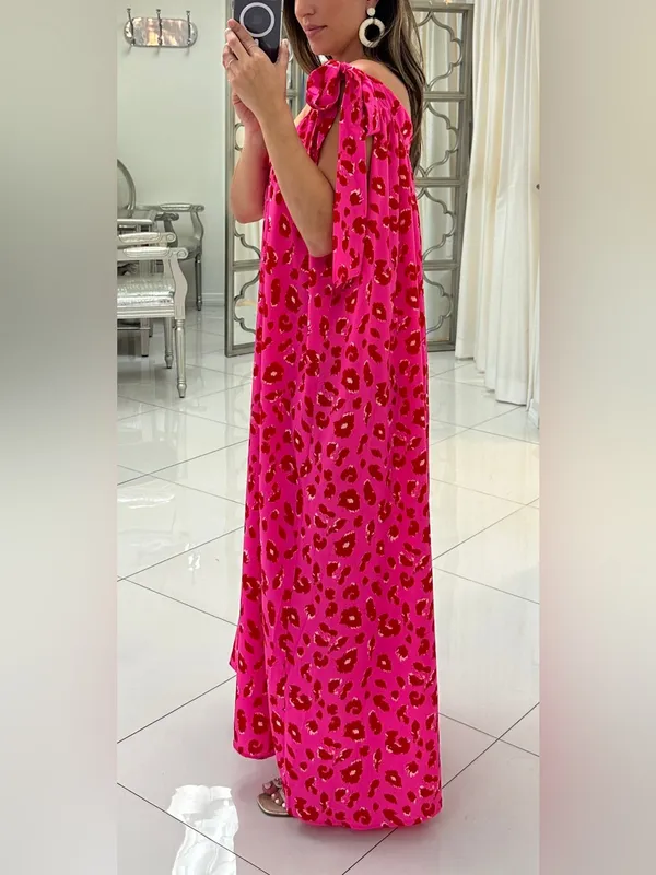 Jodifl hot pink and red leopard print one-shoulder flowy fit maxi dress M - Image 5