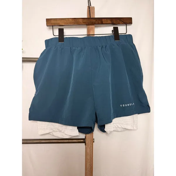 YoungLA 144 Womens 2-in-1 Training Shorts Teal White Mesh Liner Large - Image 2