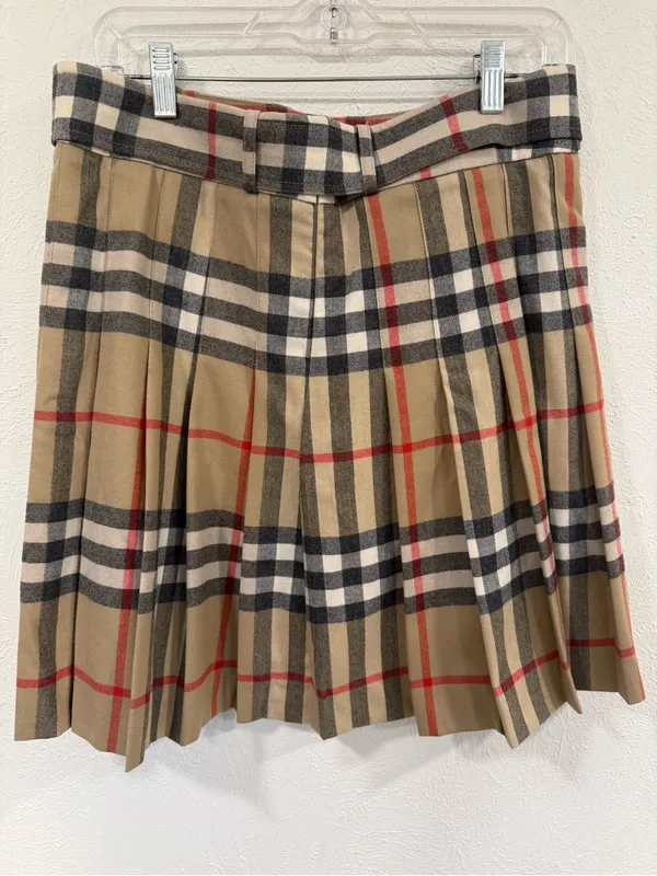 Burberry London Nova Check Wool Pleated Belted Skirt S - Image 3