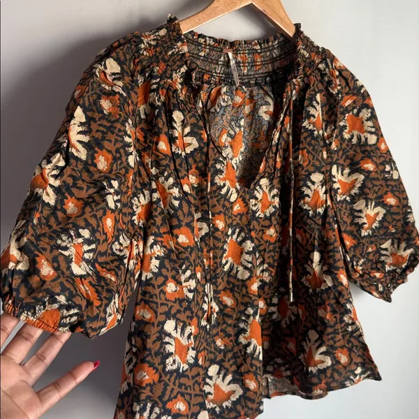 Free People Willow Print Puff Sleeve Blouse Small - Image 4