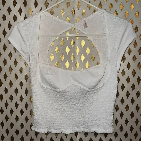 NWOT Free People Smocked Sweetheart Open Back Cap Sleeves Crop Top white ribbed - Image 4
