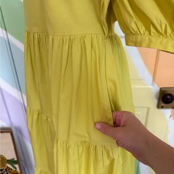 English Factory Chartreuse Square Neck Flutter Sleeve Tiered Midi Dress Sz S 🧡🍄 - Image 6