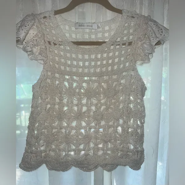 Bishop + Young from Anthropologie Crochet Cream Eyelet Flutter Sleeves top XXS - Image 3