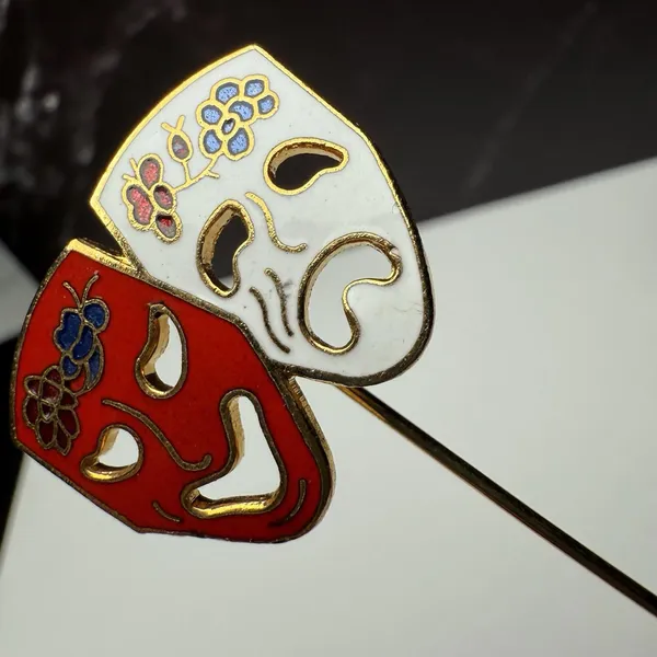 Comedy Tragedy Drama Mask Lapel Stick Pin Gold Tone Enamel White Red - Image 8