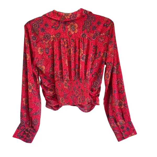 Free People Long Sleeve Floral V-Neck I Got You Printed Top Red Size Medium - Image 3