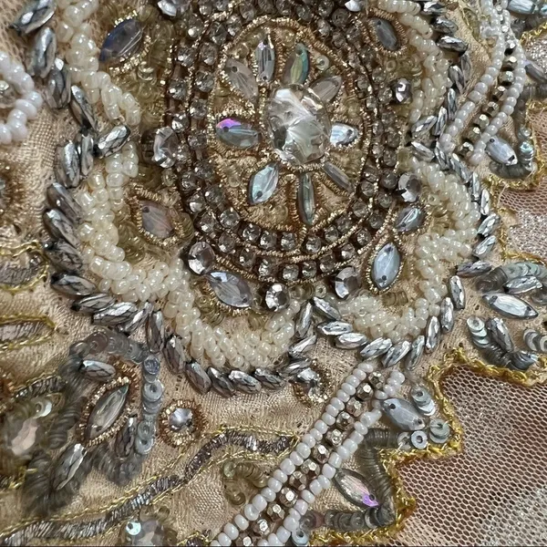 Handmade India Beaded Mesh Tunic Dress Champagne Gold Silver Embellished L/XL *Runs Small - Image 7