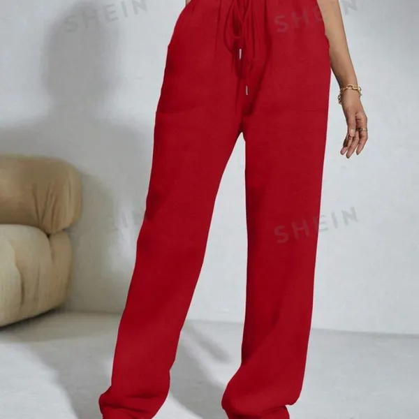 SHEIN Red Slant Pockets Drawstring Waist Flare Leg Sweatpants - Image 6