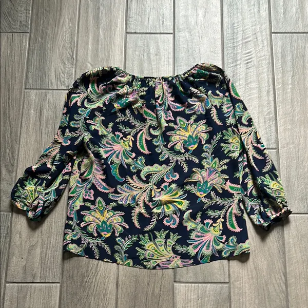 Chaps Blue and Green Relaxed Ruffled Blouse - Image 4