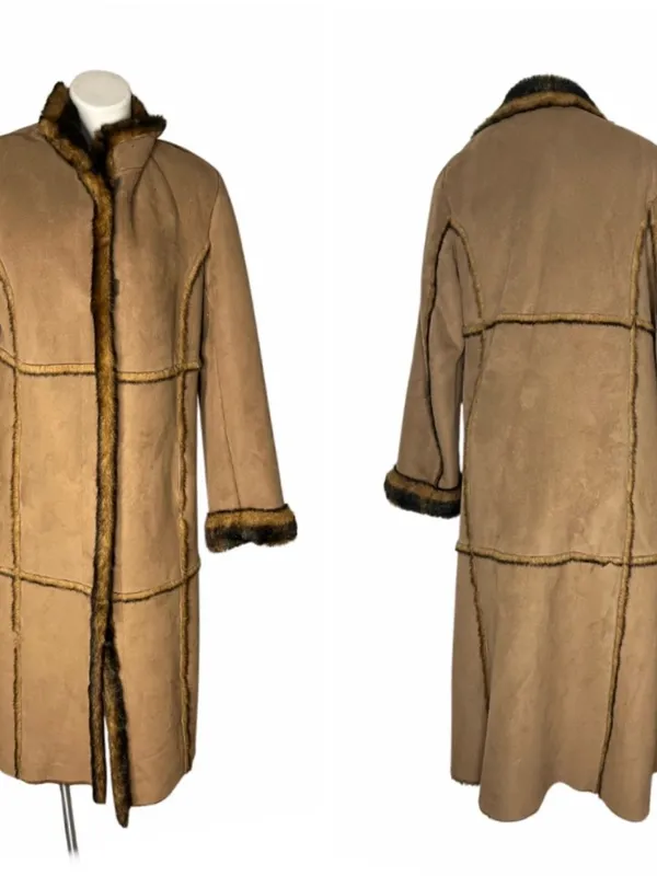 Faux Suede Coat Plush Vegan Fur Panel Stitching Fits Size Medium Y2K VINTAGE - Image 9