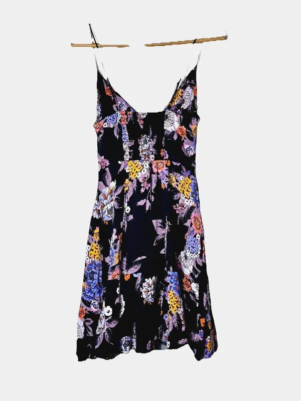 Free People Happy Heart Floral Mini Dress Small Black Purple Ruched Tie Front Sm - Image 3