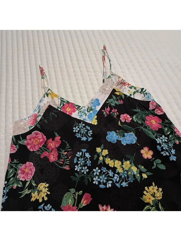 Betsey Johnson Chemise Slip Nightie L Large Black Multi Color Floral Ruffle Hem - Image 3