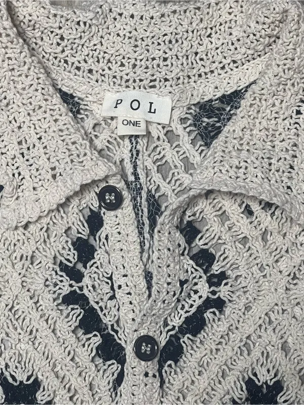 POL Crochet Diamond Shacket Cardigan Cream Black Boho Style SMC120 One Size - Image 2