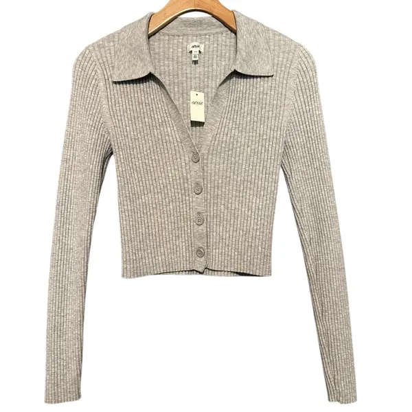 Aerie NWT Women’s Size S Heather Gray Gotta Jet! Ribbed Knit Button Polo Sweater - Image 6