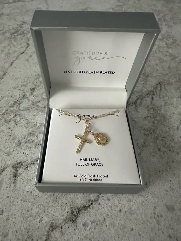 Gratitude & Grace 14k Gold Plated Virgin Mary Charm & Cross Pendant Necklace - Image 5