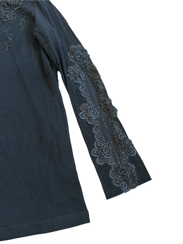 Black High Neck Long Sleeve Top Embroidered Rhinestones Gothic Romantic Witchy - Image 5