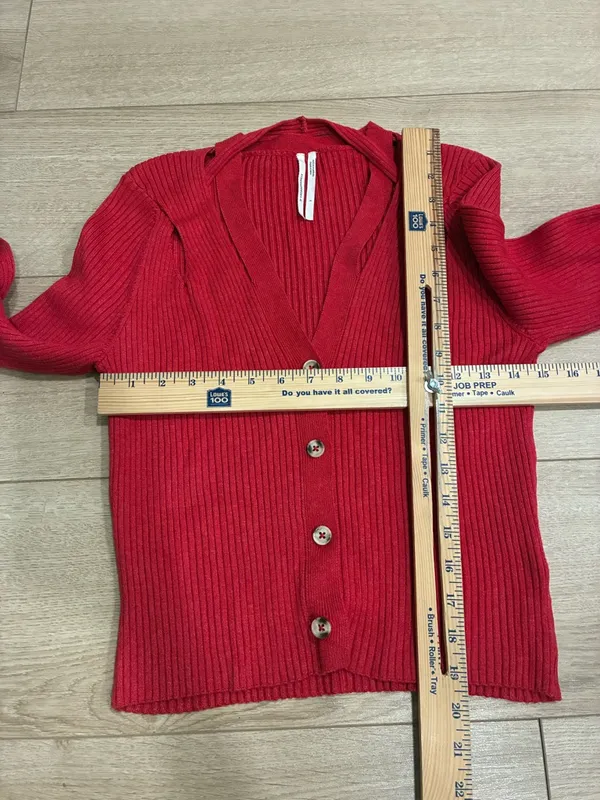 By Anthropologie Women’s V-neck Strappy Cardigan Sweater Red Ribbed Size S - Image 5