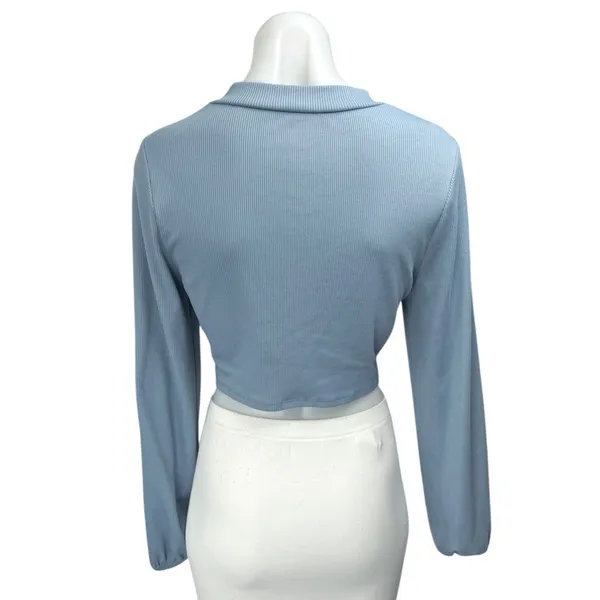 Superdown Women Blue Ribbed Knit Long Sleeve Mock Neck Sweater Crop Top Size S - Image 2