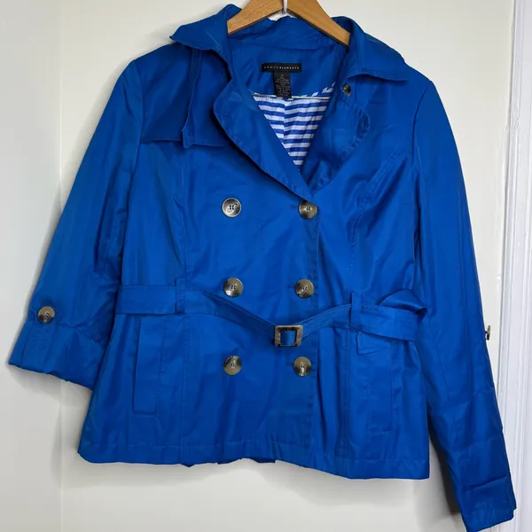 Grace Elements Blue Belted Short Trench Pea Coat Jacket Women’s Size 12 Roll Tab - Image 2