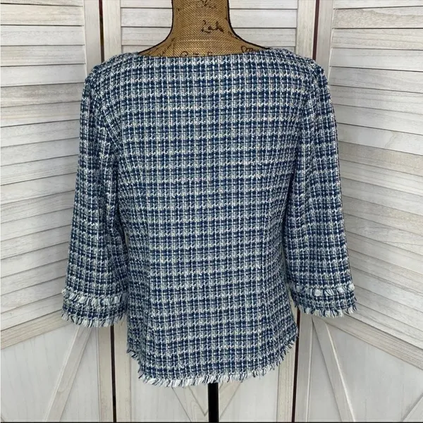 Ann Taylor Tweed Fringe Trim Boatneck Top Shirt‎ Blue White 8 Preppy Nautical - Image 5
