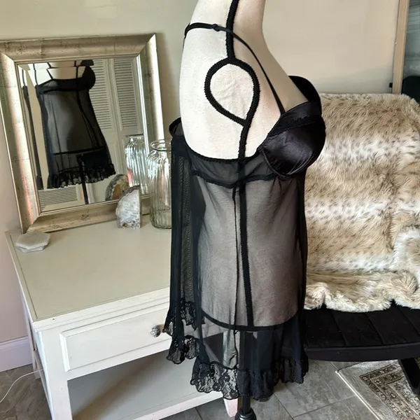 Dolls Kill Black satin sheer mesh ruffle sexy goth vamp maid nighty slip mini dress M​​​​​ - Image 9