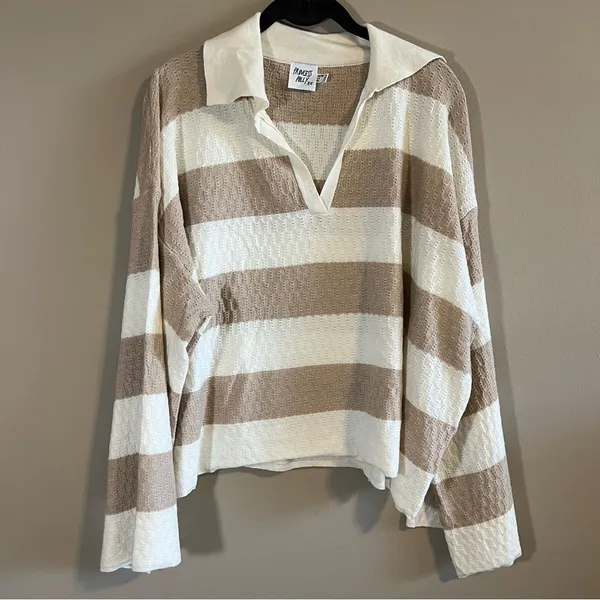 Princess Polly Rick Oversized Stripe Collar Sweater Beige, White 10 - Image 3