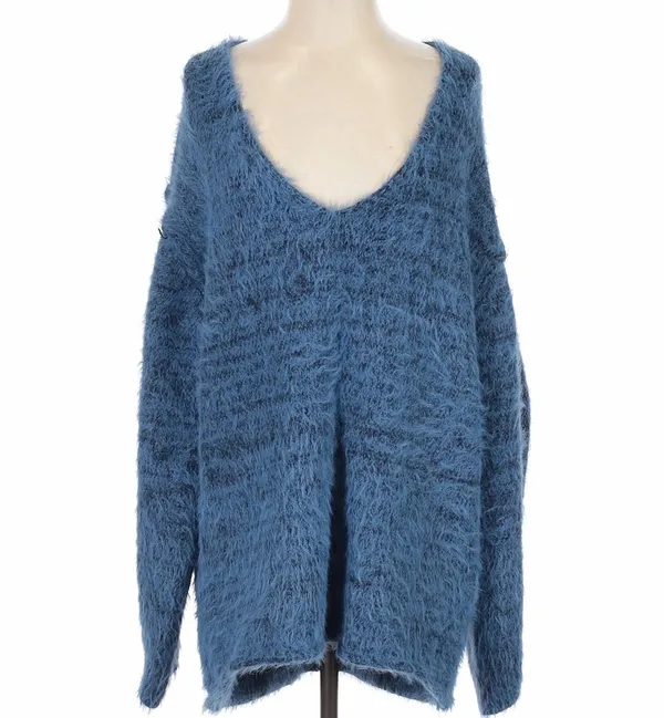 Free People $168 Sparrow Pullover V-Neck Fuzzy Blue Sweater Slouchy Oversized S - Image 4