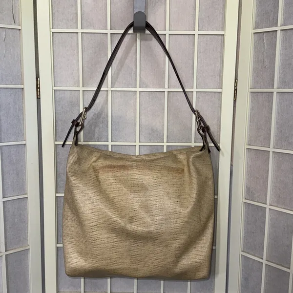 Dooney & Bourke Leather Handle Hobo‎ Canvas Faux Basket Weave Bucket Tote Bag - Image 3