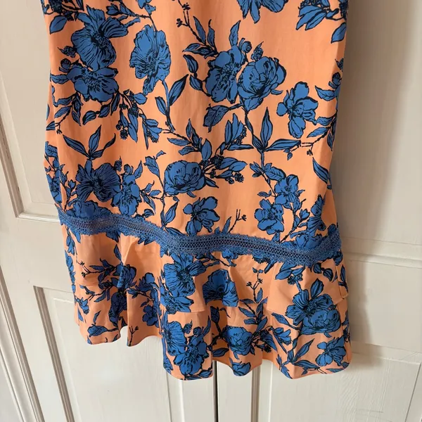 Alice + Olivia Jade Ruffled Floral Midi Dress Coral Blue Lace‎ Illusion Size 12 - Image 9