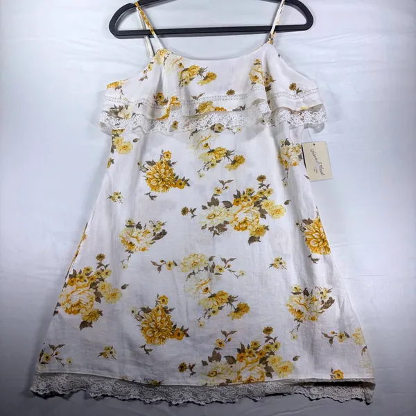 Universal Thread Floral Linen Blend‎ Lace Trim Mini Dress XS Yellow White Boho - Image 2
