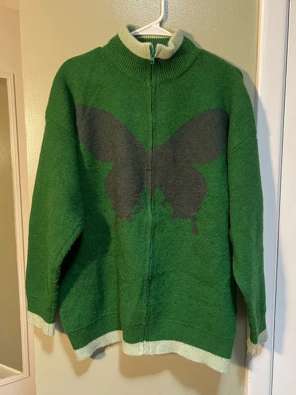 Vencede Women's Sz Medium Full Zip Sweater Green Gray Large Butterfly Print Soft - Image 2
