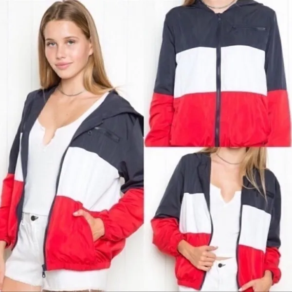 Brandy Melville Red White and Blue Colorblock Zip Up Jacket Women’s Medium - Image 2