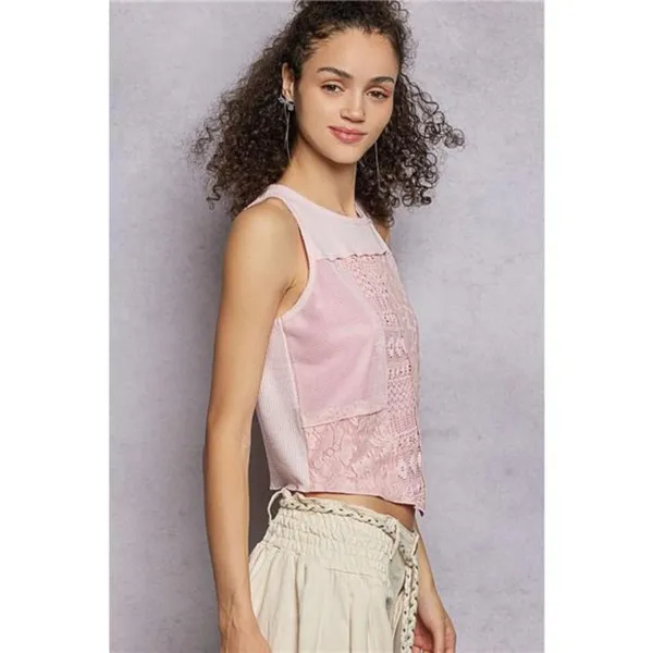 POL Ribbed Round Neck Cropped Tank with Lace Detail‎ - Image 3