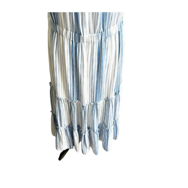 MISA Los Angeles Medium Aleja Stripe Print Linen Midi Dress White Blue Tassel - Image 6